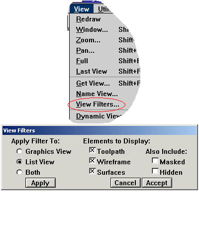 View - View Filters menu and dialog box showing a List View filter configured to not display Masked and Hidden elements