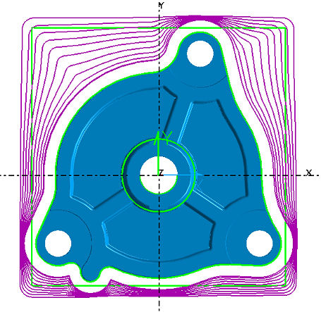Morph toolpath type used to rough protruding boss from stock boundary. Island Pass None option is used to eliminate additional depth level that would otherwise occur at island top
