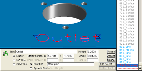 Machinable Text toolpath created as regenerable container element. Note that text is represented as single Geometry element in list view, and that panel and parameters can be recalled