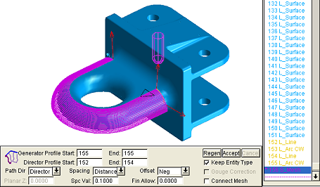 Translated Mesh toolpath created as regenerable container element. Note that mesh is represented as single Mesh element in list view and that panel and parameters can be recalled