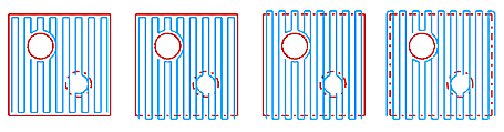 Various features configurations defined by user regions. Notice how Region Rough Zigzag toolpath starts and ends each pass on the outside of the dashed Stock profiles