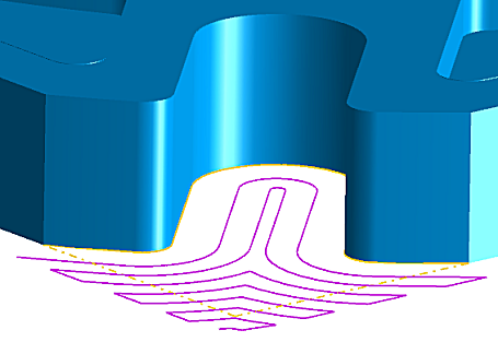 Notch feature machined with Part Offset strategy.  Cuts begin and end outside of the stock profile