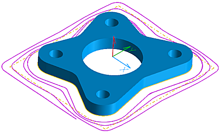 Morph roughing strategy used to machine flange from rectangular stock. Note that path immediately spirals inward from outer stock profile and takes a final pass around inner part profile