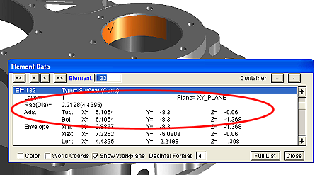 Improved Element Data display includes arc diameter, and additional cone, torus, and sphere surface axis-center, radius and diameter fields